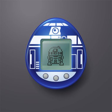 Retro tamagotchi oyuncağı mavi renkli ve pikselli lcd üzerinde piksel hayvanlı..