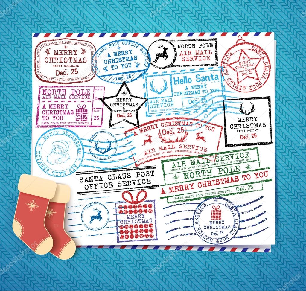 Christmas stamps set. Retro Christmas stamp. Passport Stamps