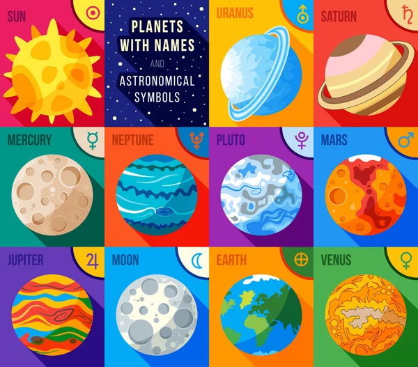 Conjunto de ícones planos planetas com nomes e símbolos astronômicos. Objetos abstratos astronômicos vetoriais —  Vetores de Stock