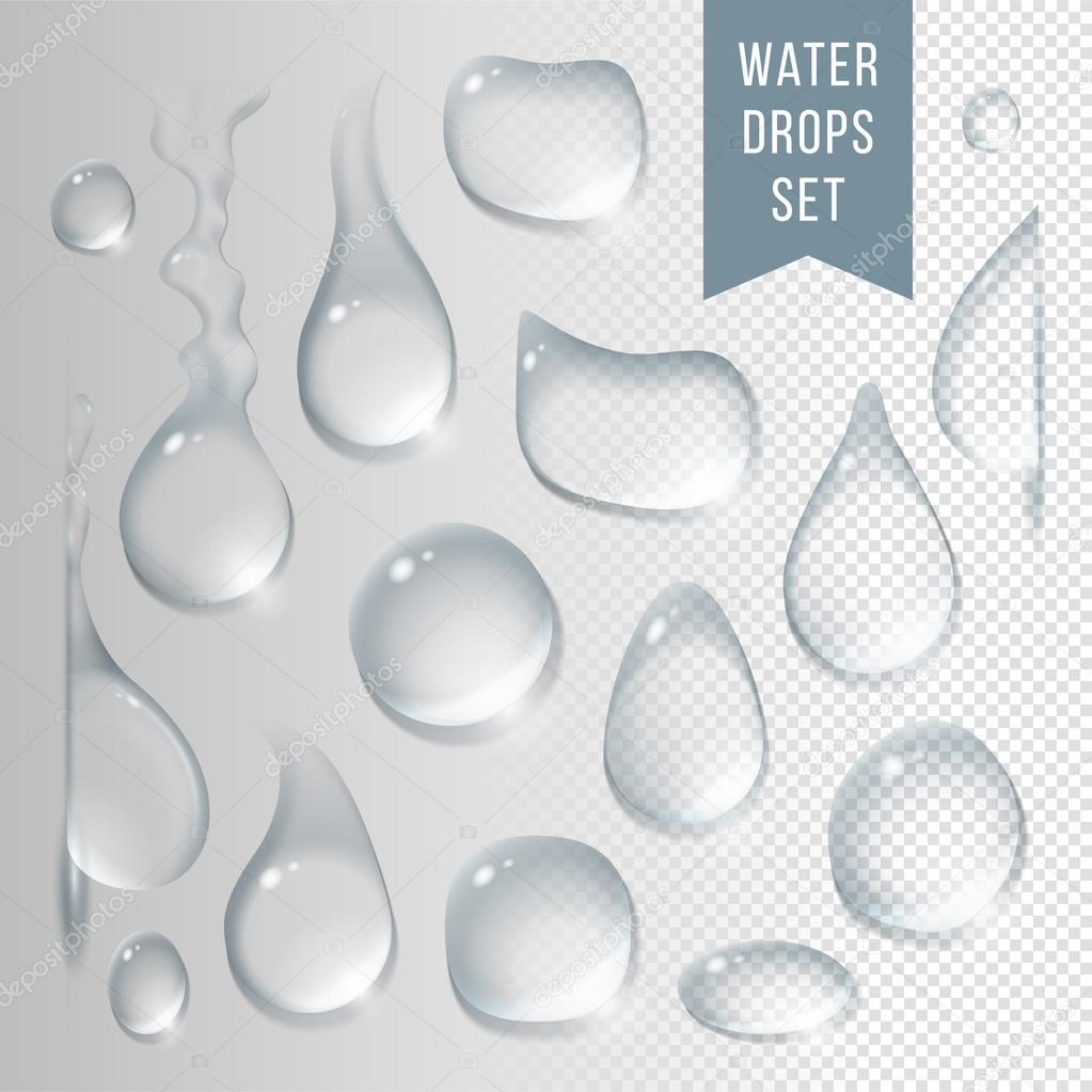 Realistic set, pure clear water drops. Isolated vector illustration