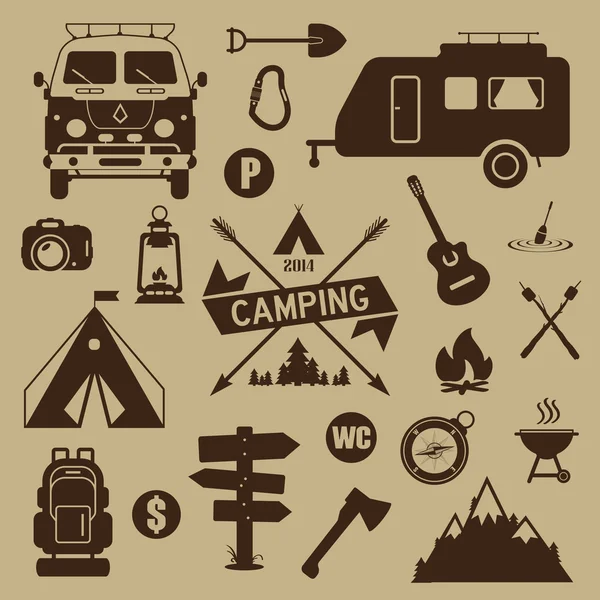 Conjunto de equipos e iconos de camping. Camping de verano . — Vector de stock