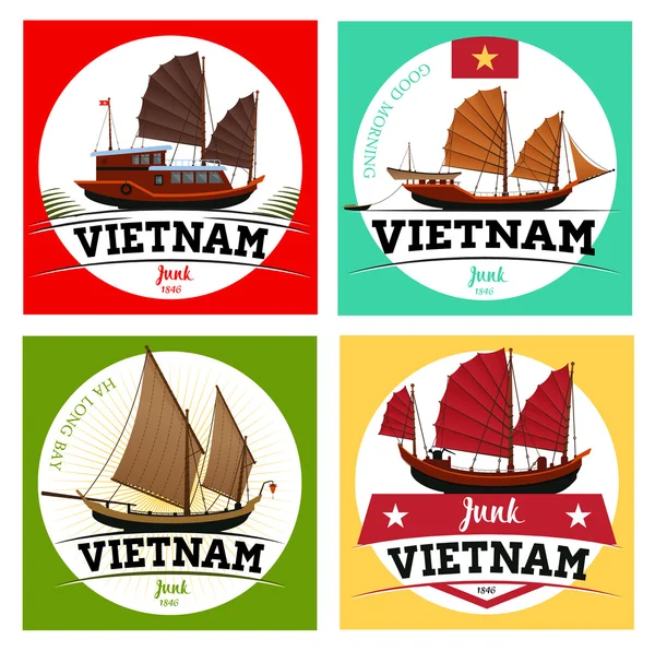 Barco basura, Bahía Halong, chatarra de Vietnam. Etiquetas de bote basura . — Vector de stock