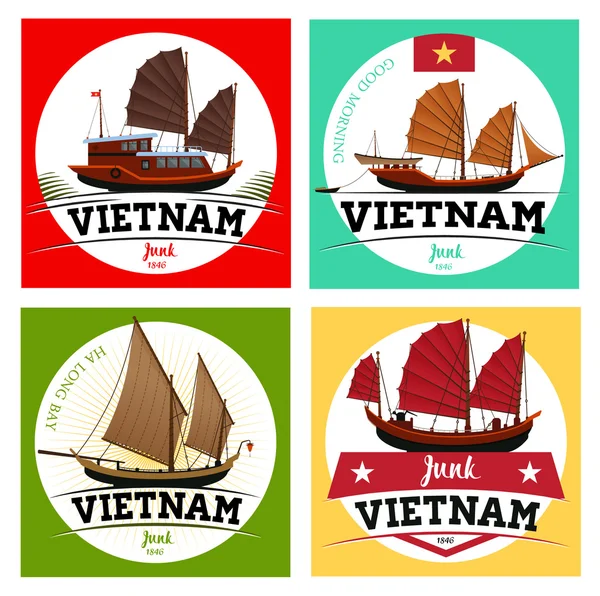 Junk boat, Halong Bay, Vietnam junk. Labels of junk boat. — Stock Vector