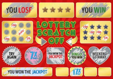 Lottery scratch off set. With effect scratch marks. Suitable for scratch card game and win. For a lottery ticket. Win game card.