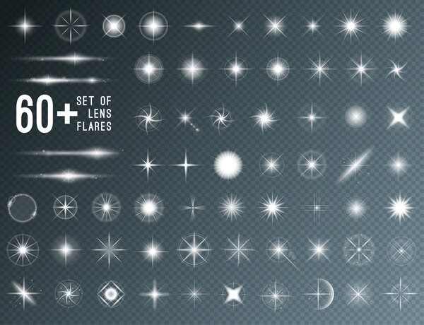 Большой набор реалистичных объективов вспыхивает звёздным светом и светящимися белыми элементами на прозрачном фоне. Векторная иллюстрация
