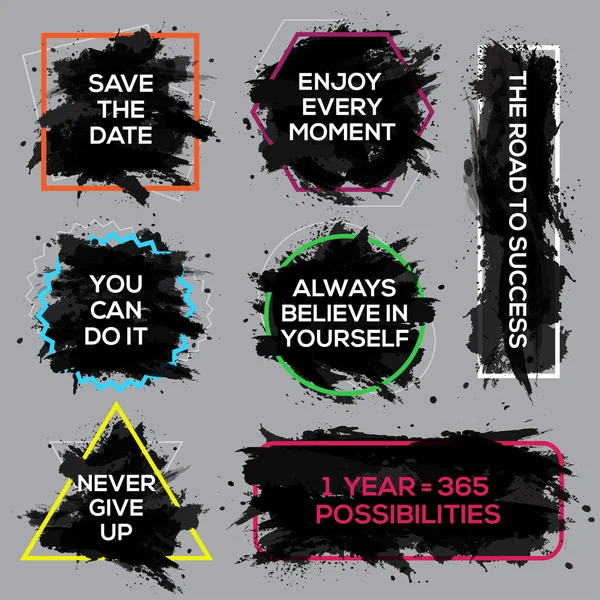 Motivasyon mürekkepler poster seti. İlham verici bir deyiş metin yazı. Grunge boya vektör öğe ayarlayın. Fırça leke geometrik çerçeve
