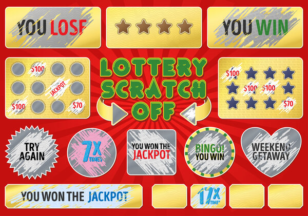 Lottery scratch off set. With effect scratch marks. Suitable for scratch card game and win. For a lottery ticket. Win game card.