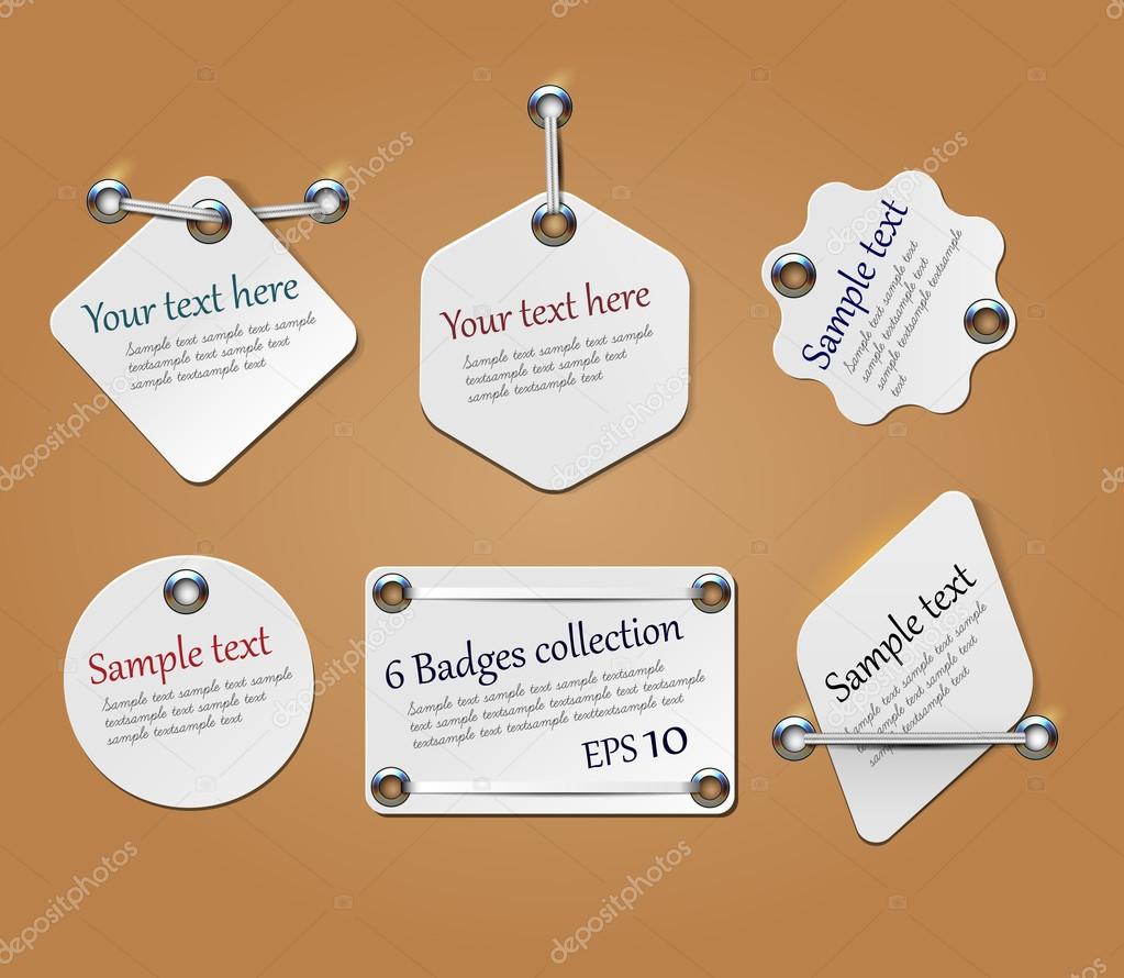 Blank sale tags mock up set. Hanging tags with a string. Shopping label with place for price and discount captions. Vector illustration.
