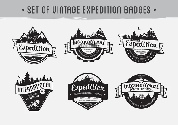 Set of mountain adventure and travel emblems. Exploration vector badges. — Stock Vector