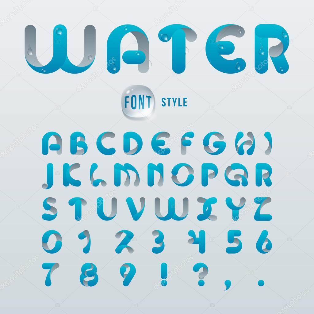 Vector latin alphabet, stylization of  drop water. Font style.