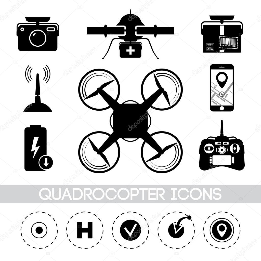 Illustration with different drone icons in minimal style. Drone with camera