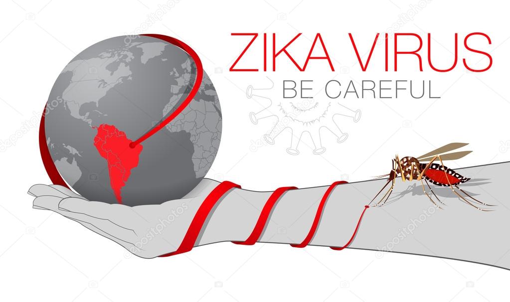 Zika Virus. Mosquito bite. Microcephaly in the infant. Earth on a hand. Editable Clip Art.
