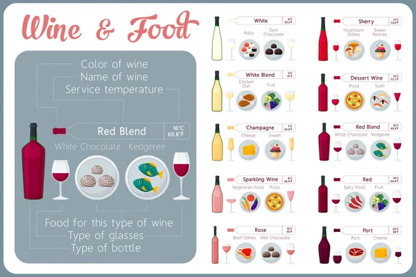 Types de vin avec de la nourriture. Guide de dégustation de vin . — Image vectorielle