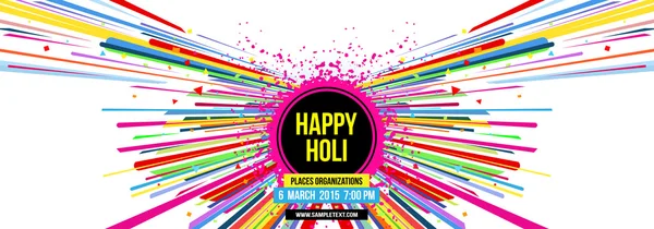 Creatieve sjabloon voor Indiase festival gelukkige Holi-feest met multi kleur splash en strips op witte achtergrond. Prachtige Indiase festival gelukkige Holi. — Stockvector