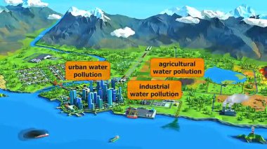 Endüstriyel, tarımsal ve kentsel kirleticileri gösteren su kirliliği türlerinin ve kaynaklarının 3D animasyonu