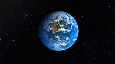 Dünya gezegeninin 3D animasyonu kıtaları, okyanusları, atmosferi ve uzaydan gelen doğal çevreyi gösteriyor