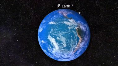 Dünya gezegeninin 3D animasyonu kıtaları, okyanusları, atmosferi, dönüşü ve küresel yüzey görünümünü gösteriyor