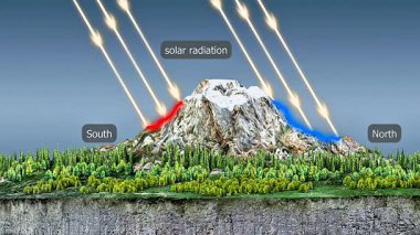 Yükseklik ve bitki örtüsü kaymalarıyla soğutma gösteren yükseklik bölgelerindeki sıcaklık değişikliğinin 3D animasyonu