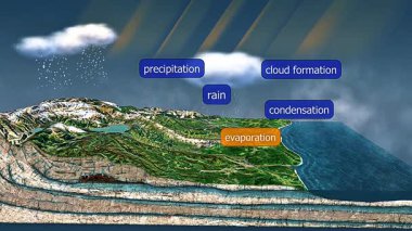 Bulut oluşumu sırasında yapılan 3 boyutlu yağış animasyonu yoğunlaşmayı, damlacıkları ve yağmur sürecini gösterir