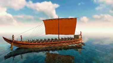 Sudaki kadim kürek savaş gemisinin 3D animasyonu çift kürek, direk, yelken, koç ve kavisli ahşap gövdeyi gösteriyor.