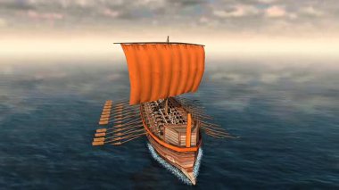 Kürek, dümen, yelken, koç, kavisli gövde ve kıç süslemelerini gösteren kadim savaş gemisinin 3D animasyonu