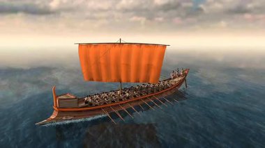 Bime ya da eski savaş gemisinin 3 boyutlu animasyonu çift kürek, direk, yelken, koç ve kavisli gövdeyi gösteriyor.