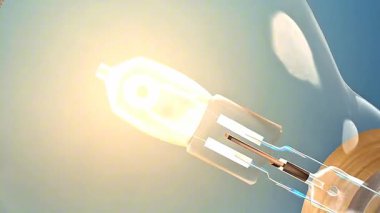 Halojen lamba yapımının 3d animasyonu ve tungsten filament ve halojen gazı gösteren işletim prensibi