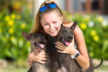 Kot şort ve bir fanila güzel kız da gatsya köpekler, ile oyun ile sahilde köpekler.