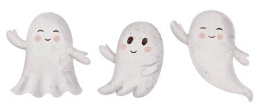 Cadılar Bayramı 'nda farklı pozlarda şirin hayaletler. El çizimi suluboya, arka planda izole edilmiş korkunç çocuklar. Çocuklar için Cadılar Bayramı partisi davetiyeleri, ürkütücü dekorasyonlar, posterler ve kartlar.