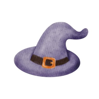 Watercolor Halloween witch hat with orange buckle. Hand painted purple hat isolated on white. Perfect for Halloween card, costume, or magical design element.