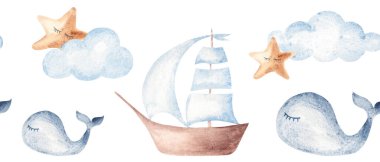 Suluboya balina, gemi, yıldız ve bulutsuz sınır. Bebek odası ve bebek partisi tasarımları için el yapımı klasik deniz ürünü bebek desenleri.