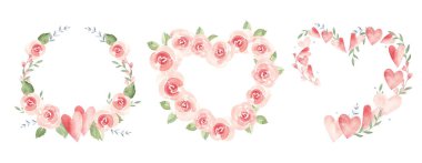 Sevgililer günü ya da içinde kalpler, pembe güller ve dallar olan düğün çelenkleri. Çember ve kalp şekilli çerçeveler, sınırlar. Beyaz arka planda izole edilmiş suluboya resim. Kartlar, davetiyeler ve baskılar için aşk ve romantik illüstrasyon