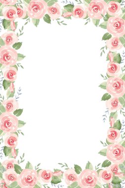 Pembe güller suluboya kart şablonu. Dikey kare çerçeve, sınır. El çizimi çiçek çizimi. Doğum günü, düğün ve sevgililer günü tasarımları, kartlar, tarih, davetiyeler ve şenlik tasarımları için