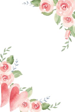 Sevgililer Günü ya da düğün dikey kare çerçevesi, pembe ve kırmızı kalplerle sınır, pembe güller, yapraklar ve dallar. Elle çizilmiş suluboya kart şablonu. Romantik Kartlar ve baskılar için. tarih ve davetleri kaydet