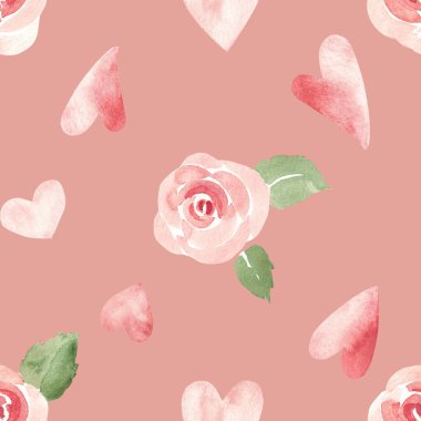 Sevgililer Günü ya da Düğün Suluboya Şablonu Pembe Kalpler ve Güller ile kusursuz desenli. Pembe arka planda suluboya el çizimi. Kumaş veya tekstil baskıları için hediye paketi kağıdı.