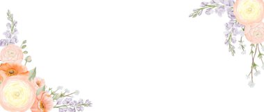 Bahar Çiçeği suluboya afişi, tasarım çerçevesi. Ranunculus ve İzlanda gelincik çiçekleri, Freesia, Peach veya Cherry ve Snow Willow şubeleri. El çizimi botanik çizimi. Kartlar, düğün davetiyeleri, afişler, blog şablonları için kullanılabilir