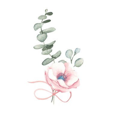 Anemone Çiçeği ve okaliptüs dallı pembe kurdeleli suluboya buket. Beyaz arka planda elle çizilmiş çiçek kompozisyonu. Doğum günü kartları, bebek partisi, düğün davetiyesi, tarihi kaydet.