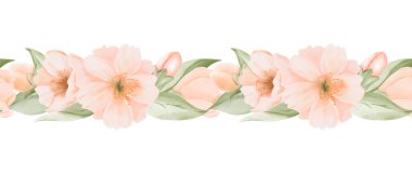 Elle boyanmış suluboya kenar, narin şeftali çiçekleri ve yatay çiçek desenli yumuşak yeşil yapraklar. Davetiyeler, düğün kırtasiyesi, ambalaj ve dekoratif için mükemmel bahar botanik çizimi