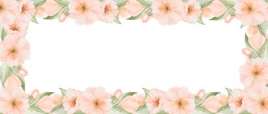 Suluboya Şeftali Çiçeği çiçekli kenar, yatay kare çerçeve, yumuşak pastel çiçekli pankart ve yeşil yapraklı. Davetiyeler, düğün kağıtları, tebrik kartları ve mevsimlik arka planlar için mükemmel bir bahar botanik illüstrasyonu.