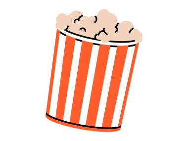 Patlamış mısır kutusunun el çizimi hoş bir çizimi. Düz vektör sineması ya da film atıştırmalığı. Sağlıksız yemek etiketi, ikon. Fast food çıtır çıtır. Kovada patlamış mısır. İzole edilmiş.