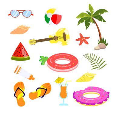 Çizgi film tarzında bir dizi yaz tatili sembolü. Vektör illüstrasyonu: gözlük, kabuk, top, palmiye ağacı, karpuz parçası, gitar, denizyıldızı, şişirilebilir halkalar, güneş kremi, parmak arası terlikler, kokteyl.