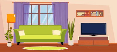 Şık oturma odasının iç mekânının vektör çizimi. Kanepesi, penceresi, perdesi, çekmeceleri, televizyon, kitap rafları, zemin lambası, halı döşemesi olan rahat bir oda..