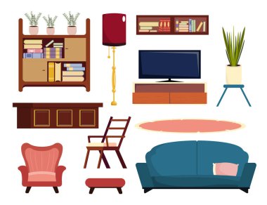 Çizgi film tarzında rahat bir oda için araç gereç seti. Vektör illüstrasyonu: kitaplık, zemin lambası, kanepe, masa, TV, koltuk, sandalye, saksı, halı, beyaz arka planda izole edilmiş bir ziyafet.