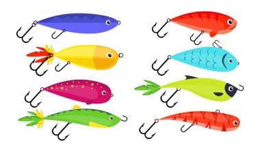 Bir sürü renkli balık yemi, çizgi film tarzında yalpalayıcılar. Kancalı farklı dönen yemlerin vektör çizimi, beyaz arkaplanda izole edilmiş parlak tüyler. Balık aksesuarları. Metal çeviriciler.
