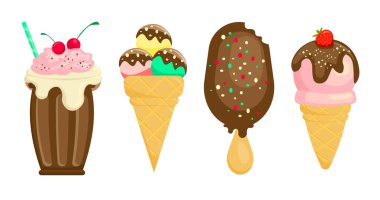 Çizgi film tarzında serin, tatlı dondurmalar. Vektör illüstrasyonu: kirazlı dondurma, çilekli, waffle kabında üç kepçe dondurma, çikolata jöleli çubuk buzlu dondurma, serpiştirilmiş.