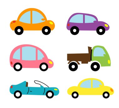 Çizgi film tarzında şirin arabalar. Çocuk oyuncak arabalarının, kamyonların, turuncu, mor, pembe, yeşil, mavi, sarı, beyaz arka planda izole edilmiş üstü açık arabaların vektör çizimi.