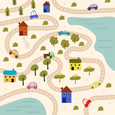 Yol, sokak labirenti ve güzel bir yerel manzaranın, kavisli bir yolun, arabaların, evlerin, ağaçların, çalıların, köknar ağaçlarının, nehirlerin olduğu bir çocuk manzarası..