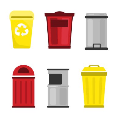 Çizgi film tarzında renkli çöp tenekeleri. Beyaz arka planda izole edilmiş geri dönüşüm tabelalarıyla, çeşitli şekillerde modern sokak çöp kutularının vektör çizimi. Atık toplama.