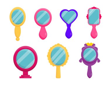 Çizgi film tarzında bir dizi güzel kız aynası. Farklı şekillerde şirin pembe, mavi, sarı, mor prenses aynalarının vektör çizimi, beyaz arka planda izole edilmiş sapları olan tasarımlar.