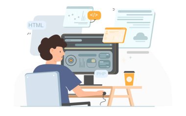 Yazılım geliştiricisinin vektör illüstrasyonu. Çizgi film sahnesi, bir bilişim uzmanı programlama dilinde kod yazar ve beyaz arkaplanda izole edilmiş web sayfalarının içeriğini ve yapısını yaratır..